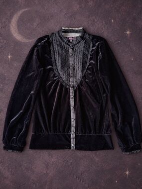 VTG Y2K Whimsigoth Woman Black Velvet Ruffle Lace Button Down Top Romantic